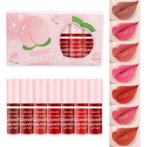 7 Colors Lip Stain Set, Watery Lip Tint Stain Mini Liquid Matte Lipstick, Multi-use Lip Cheek Tint, Moisturizing Plump Lip Gloss, Lightweight Non-Sticky, Long Lasting Vivid Lip Tint Makeup (Peach)