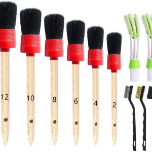 11Pcs Auto Detailing Set, Boar Hair Brushes, Steel Wire & A/C Brushes, Red, Soft Bristles, Wood Handles for Cleaning Interior, Exterior, Leather, 6 Sizes