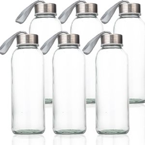 SureSave Glass Water Bottles with Stainless Steel Lids and Sleeves | 16 Oz Reusable Glass Bottles with Carrying Loop for Eco-Friendly Travel Drinks and Beverages (6 Pack)