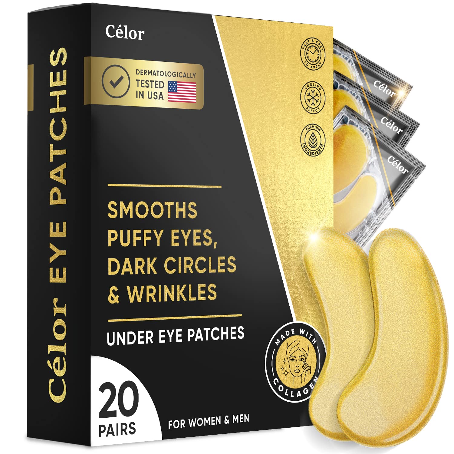 CÉLOR Under Eye Patches – Golden Eye Mask with Amino Acid & Collagen, Cooling Eye Care for Wrinkles, Puffy Eyes & Dark Circles, Skincare Treatment for Men & Women, USA Tested (20 Pairs) CÉLOR Under Eye Patches – Golden Eye Mask with Amino Acid & Collagen, Cooling Eye Care for Wrinkles, Puffy Eyes & Dark Circles, Skincare Treatment for Men & Women, USA Tested (20 Pairs)