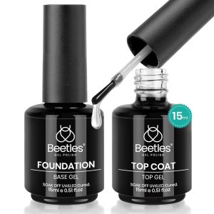 Beetles 2 Pcs 15ml No Wipe Gel Top Coat and Base Coat Set – Shine Finish and Long Lasting, Soak Off LED Nail Lamp Gel Base Top Coat Finish Nail Art Design Manicure Gifts for Women