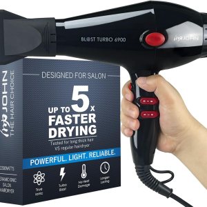 JOHN Professional Ionic Salon Hair Dryer 2200W, Powerful Hair Blow Dryer, 5X Fast Drying, Blast Turbo 6900, Black