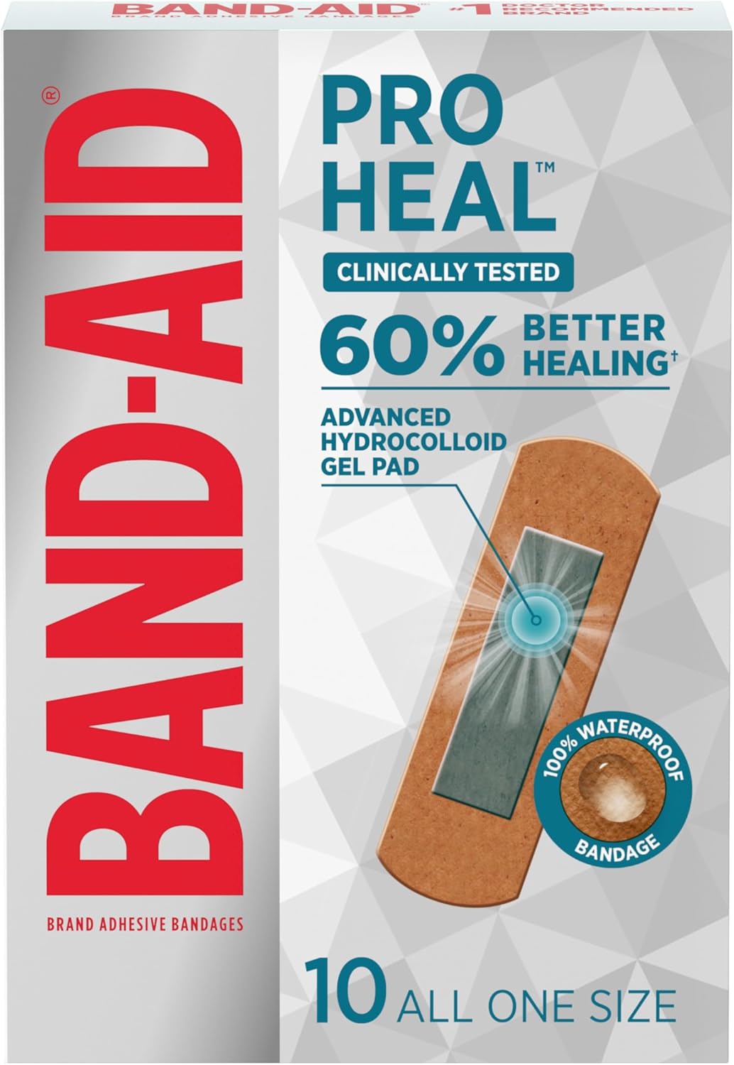 Band-Aid Brand Pro Heal Adhesive Bandages with Hydrocolloid Gel Pad, Clinically Tested Waterproof Bandages, Better Healing of Minor Wounds, Sterile First Aid Bandages, All One Size, 10 ct Band-Aid Brand Pro Heal Adhesive Bandages with Hydrocolloid Gel Pad, Clinically Tested Waterproof Bandages, Better Healing of Minor Wounds, Sterile First Aid Bandages, All One Size, 10 ct