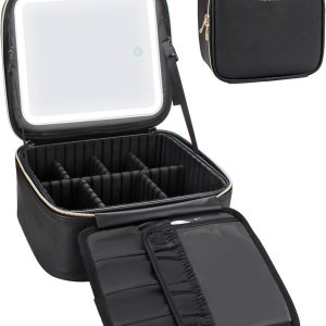 Relavel Makeup Bag with Light Up Mirror, Makeup Case Travel Cosmetic Bags Brush Organizer Storage Box, Rechargeable Vanity Mirror with 3 Color Lights, High Frame Mirror Protection (Black)