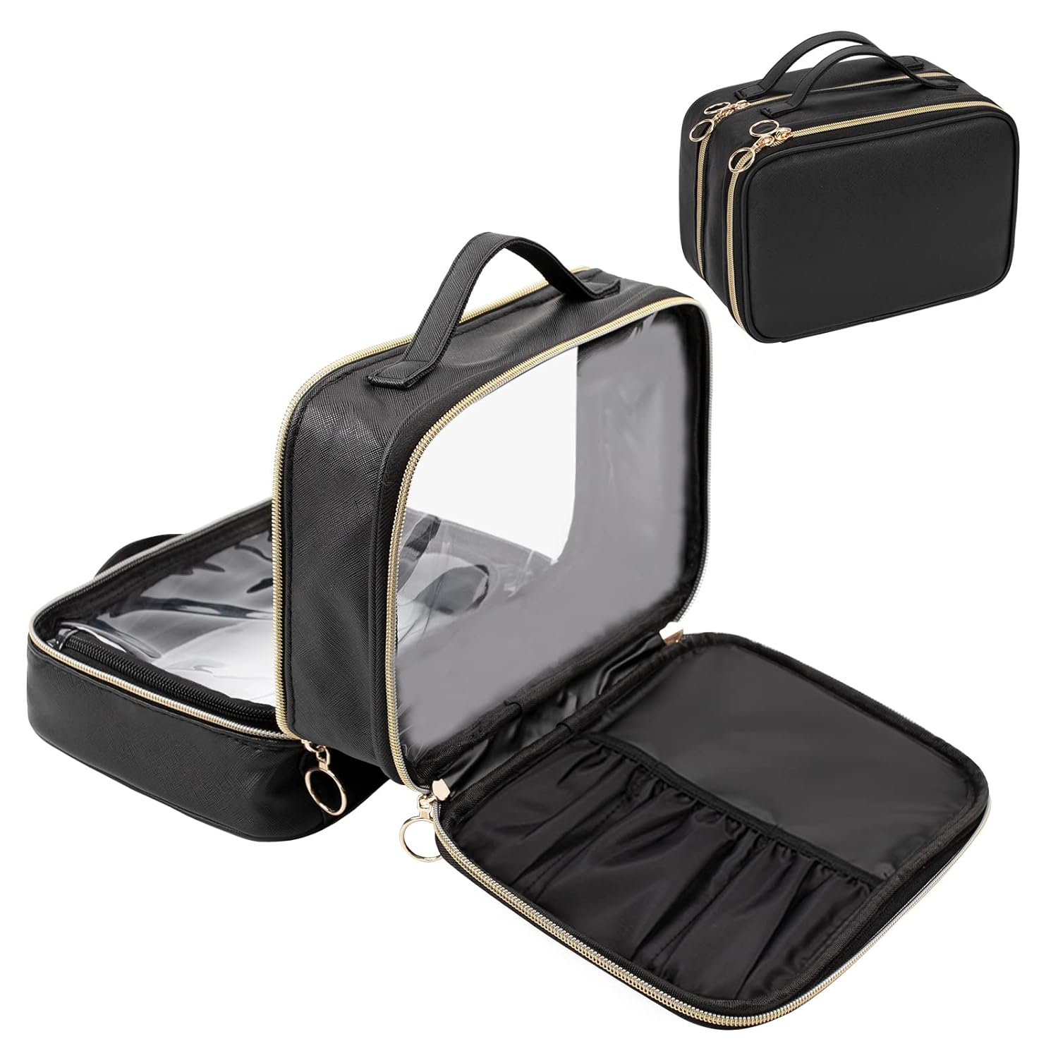 OCHEAL Makeup Bag, Double Layer Cosmetic Bag, Large Capacity New Look Clear Cosmetic Case for Women Travel Beauty Essentials, Multiple Compartments Makeup Case Organizer Zipper Pouch -Black OCHEAL Makeup Bag, Double Layer Cosmetic Bag, Large Capacity New Look Clear Cosmetic Case for Women Travel Beauty Essentials, Multiple Compartments Makeup Case Organizer Zipper Pouch -Black