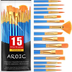 AROIC Acrylic Paint Brush Set, 15 pcs Nylon Hair Paint Brushes for All Purpose Oil Watercolor Face Body Rock Painting Artist, Small Paint Brush Kits for Kids Adult Drawing