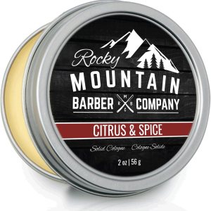 Rocky Mountain Barber Company Solid Cologne for Men – Citrus & Spice Scent – 2 Oz Size – Made with Coconut Oil, Shea Butter – Long-Lasting Scent
