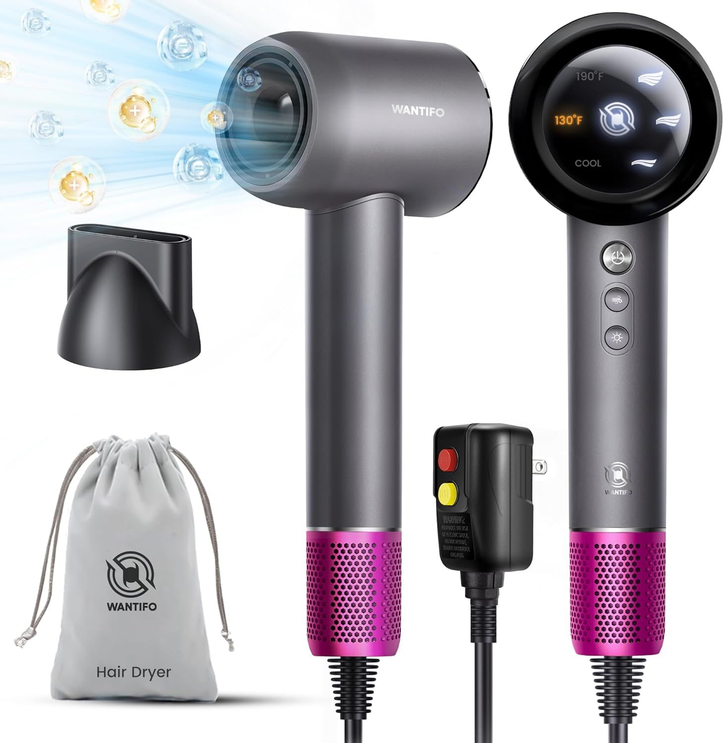 Hair Dryer, 1500W Professional High Speed 110000 RPM Blow Dryer with Plasma Tech (Positive+Negative Ionic), Low Noise Thermo-Control Hair Dryers with Magnetic Nozzle for Travel Hotel (Grey) Hair Dryer, 1500W Professional High Speed 110000 RPM Blow Dryer with Plasma Tech (Positive+Negative Ionic), Low Noise Thermo-Control Hair Dryers with Magnetic Nozzle for Travel Hotel (Grey)
