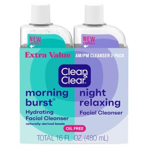 Clean & Clear 2-Pack Day & Night Daily Face Cleansers, Morning Burst Hydrating Facial Cleanser & Night Relaxing Deep Cleansing Face Wash, Oil-Free & Won’t Clog Pores, 2 x 8 fl. oz