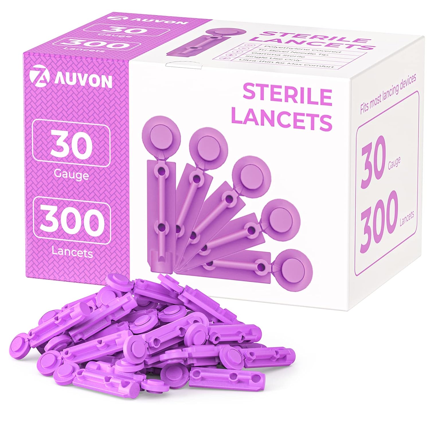 AUVON Blood Lancets, 30 Gauge 300 Twist Top Lancets with Less Pain Design Fit Most Standard Lancing Devices for Blood Sugar Kit and Glucose Meter – Purple AUVON Blood Lancets, 30 Gauge 300 Twist Top Lancets with Less Pain Design Fit Most Standard Lancing Devices for Blood Sugar Kit and Glucose Meter – Purple