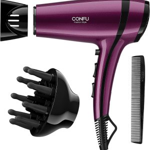 Hair Dryer CONFU 1875W Ionic Fast Drying Low Noise Blow Dryer with 2 Speed 3 Heat Cool Setting Nozzle Diffuser Hairdryer Bag ETL Certified Purple