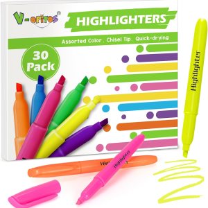 V-Opitos 30 Pack Highlighters in 6 Assorted Colors, No Bleed Highlighters, Bright Highlighters with Soft Chisel Tips, Ideal for Office and School Supplies
