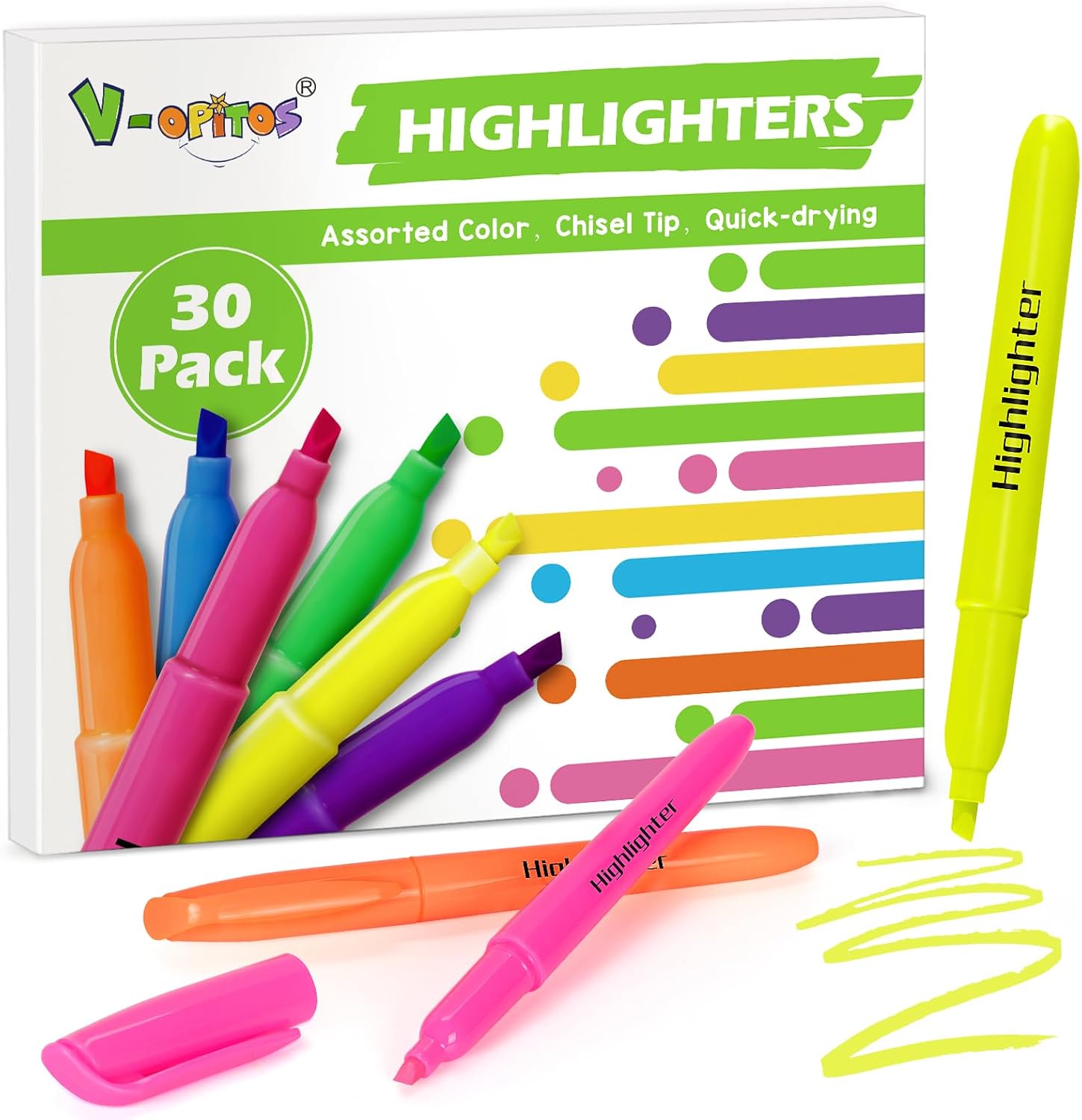 V-Opitos 30 Pack Highlighters in 6 Assorted Colors, No Bleed Highlighters, Bright Highlighters with Soft Chisel Tips, Ideal for Office and School Supplies V-Opitos 30 Pack Highlighters in 6 Assorted Colors, No Bleed Highlighters, Bright Highlighters with Soft Chisel Tips, Ideal for Office and School Supplies