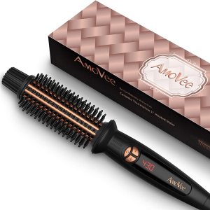 AmoVee Curling Iron Brush, 1 inch Heated Round Brush/Hair Curler/Straightener with Travel-Friendly Dual Voltage, Tourmaline Ceramic Ionic, Anti-Scald Instant Heat Up Hot Brush for All Hair Types