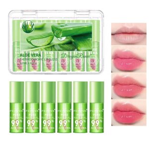 6Pcs Aloe Vera Color Changing Lip Gloss, Hydrating Lip Glow Oil High-Shine Clear Temperature Color Change Lipstick, Glossier Lip Tint Stain for Women Lip Care Prevents Dry Cracked Lips
