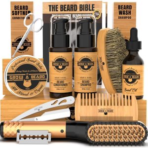 Beard Straightener Grooming Kit for Men, Beard Growth Oil, Sandalwood Balm, Beard Wash, Beard Brush & Comb, Beard Conditioner, Beard Razor and Scissors, & Beard E-Book (Bamboo)