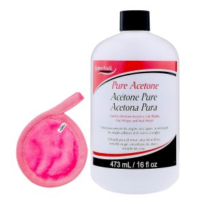 Pure Acetone 16 Fl oz, Acetone Acrylics, Gel Polish Remover with Moofin Makeup Cleansing Cloth – Quick Evaporating Polish Thinner, Easy to Use for Manicure and Pedicure Pack of 1