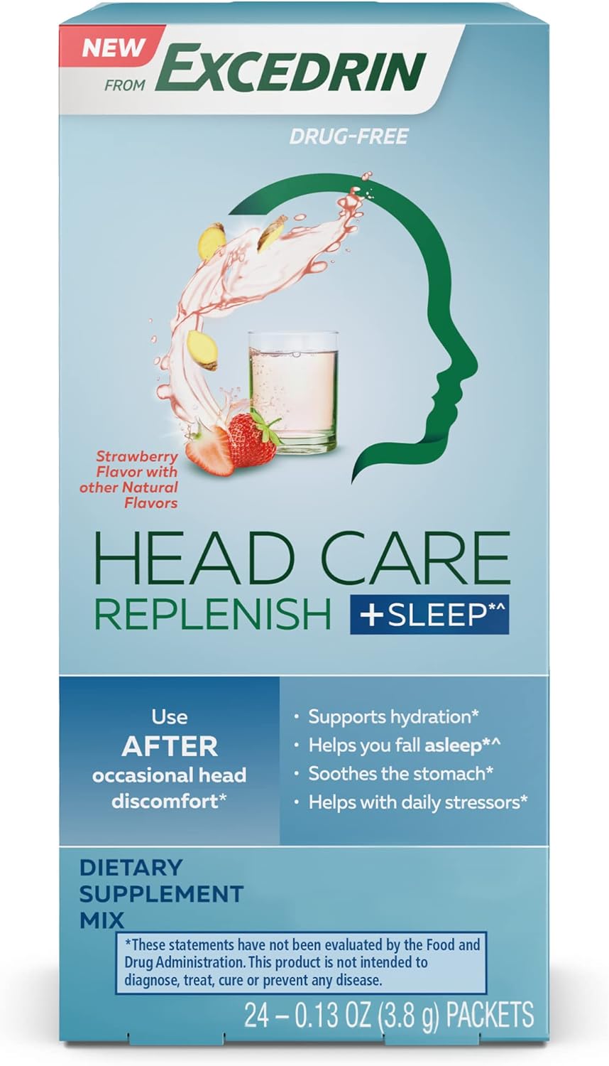 Excedrin Head Care Replenish Plus Sleep From Excedrin with Electrolytes, L-theanine, Ginger and Melatonin, Dietary Supplement for Head Health Support – 24 Packets Excedrin Head Care Replenish Plus Sleep From Excedrin with Electrolytes, L-theanine, Ginger and Melatonin, Dietary Supplement for Head Health Support – 24 Packets