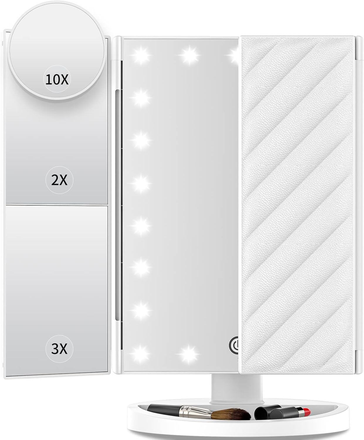 Vanity Mirror with Lights, Lighted Makeup Mirror with 2X 3X 10X Magnification, 21 LED Trifold Compact Touch Dimming Light Up Mirror, Dual Power Supply, Gifts for Women (White) Vanity Mirror with Lights, Lighted Makeup Mirror with 2X 3X 10X Magnification, 21 LED Trifold Compact Touch Dimming Light Up Mirror, Dual Power Supply, Gifts for Women (White)