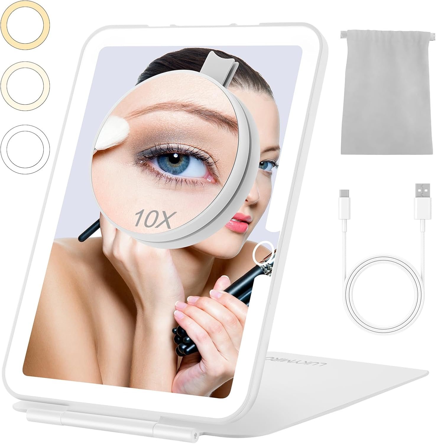 Rechargeable Travel Makeup Mirror with Lights and10x Magnification, 70 LEDs 3 Color Lights, Desk Foldable Beauty Mirror, Portable Lighted Mirror with Carrying Case Rechargeable Travel Makeup Mirror with Lights and10x Magnification, 70 LEDs 3 Color Lights, Desk Foldable Beauty Mirror, Portable Lighted Mirror with Carrying Case
