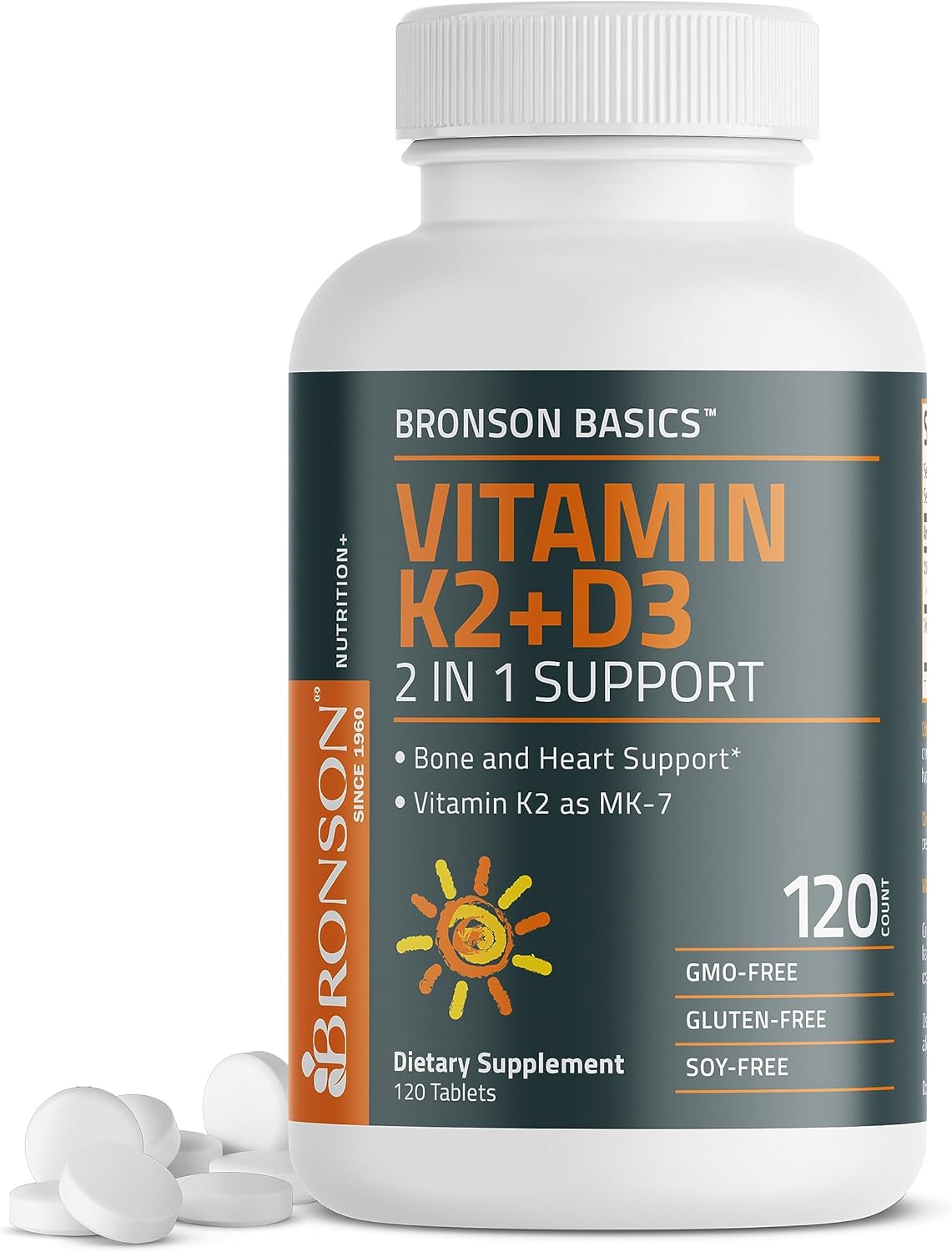 Bronson Basics Vitamin K2 D3 (MK7) Supplement Non-GMO Formula 5000IU (125 mcg) Vitamin D3 & 90 mcg Vitamin K2 MK-7 Easy to Swallow Vitamin D & K Complex, 120 Tablets Bronson Basics Vitamin K2 D3 (MK7) Supplement Non-GMO Formula 5000IU (125 mcg) Vitamin D3 & 90 mcg Vitamin K2 MK-7 Easy to Swallow Vitamin D & K Complex, 120 Tablets