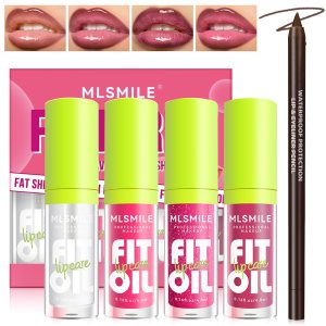 4 Colors Hydrating Fat Oil Lip Gloss Plumping + Lip Liner Set, Shiny Long-Lasting Lip Glow Oil, Moisturizing Big Brush Head Clear Pink Glitter Tinted Lip Gloss Makeup Present for Women