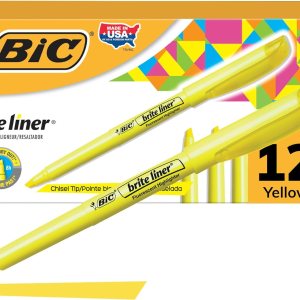BIC Brite Liner Highlighters, Chisel Tip, Yellow Highlighters, 12-Count, For Broad Highlighting or Fine Underlining