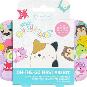 Squishmallow First Aid Kit Travel Essentials with Antiseptic Wipes, Cute Bandaids Variety Pack for Kids, Latex-Free Gauze Pads and Bandages in Tin Case, 33PC