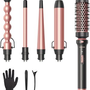 Wavytalk 5 in 1 Curling Iron,Curling Wand Set with Curling Brush and 4 Interchangeable Ceramic Curling Wand(0.5”-1.25”),Instant Heat Up,Include Heat Protective Glove & 2 Clips