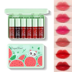 6 Colors Lip Tint Stain Set, Korean Lip Tint,Mini Liquid Lipstick Multi-use Lip and Cheek Tint Watery Lip Stain Long Lasting Waterproof, Lightweight, Non-sticky, High Pigment (Watermelon)