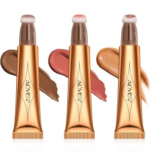 Contour Stick,Highlighter Makeup Stick,Beauty Liquid Blush for Cheeks Eyes Lips with Cushion Applicator,Moist Smooth Lightweight Breathable,Smooth Natural Matte Finish(Contour+Soft Rose+Bronzer)