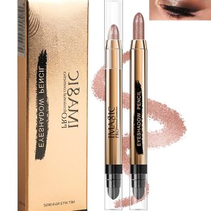 Eyeshadow Stick – 1Pcs No Crease Glitter Shimmer Champagne Cream Eye shadow Stick with Soft Brush, Rotatable Eye Brightener Pencil Crayon, Long Lasting Waterproof for Smoky Metallic Eye Makeup-2#