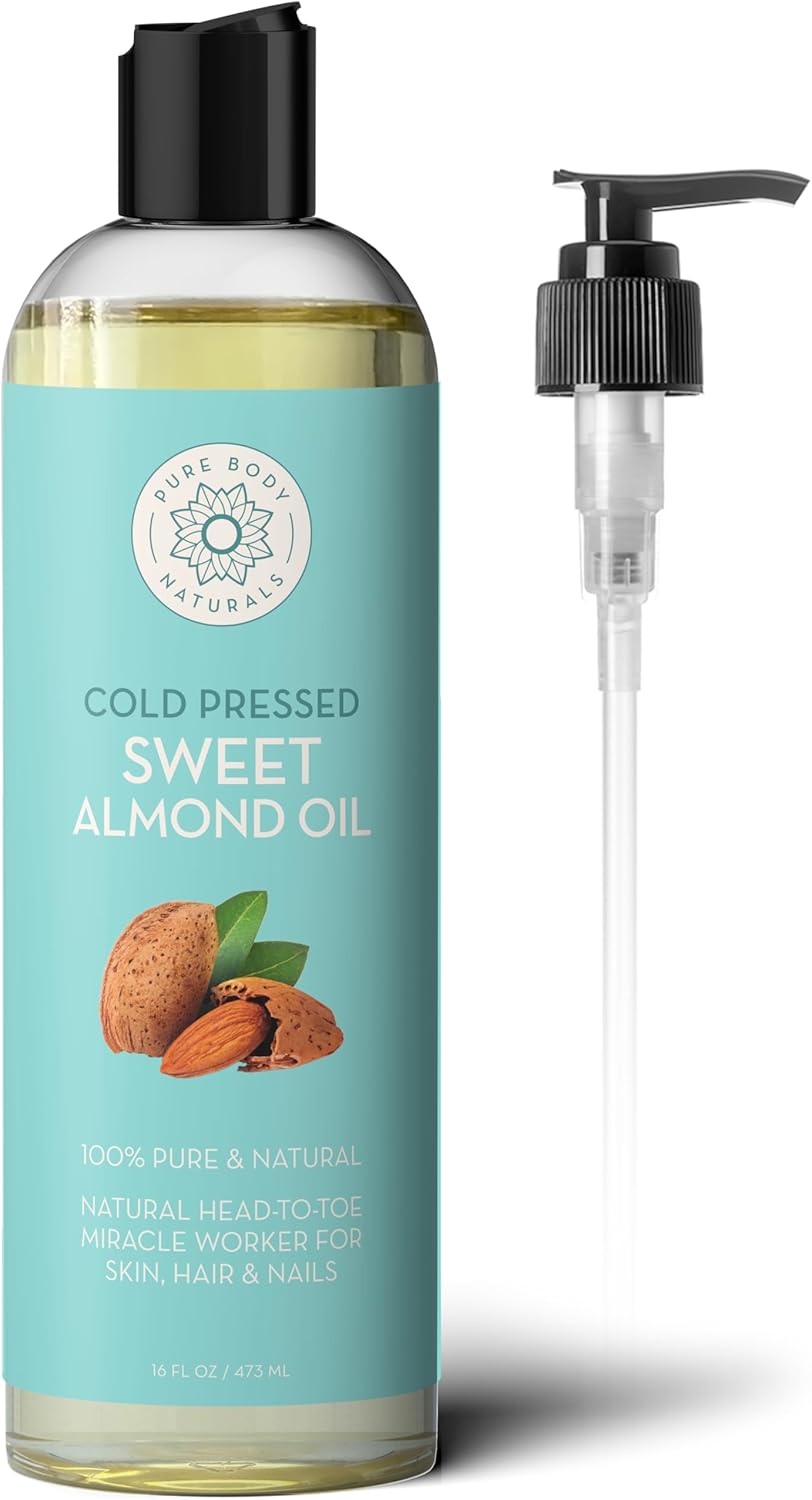 Pure Body Naturals Sweet Almond Oil for Hair and Skin, 100% Pure and Cold Pressed, Hexane Free, Skin Moisturizer, Nails, Therapeutic Massage, Carrier Oil 16 Fl. Ounce (Label Varies) Pure Body Naturals Sweet Almond Oil for Hair and Skin, 100% Pure and Cold Pressed, Hexane Free, Skin Moisturizer, Nails, Therapeutic Massage, Carrier Oil 16 Fl. Ounce (Label Varies)