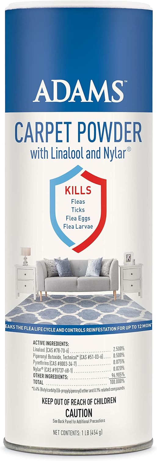 Adams Carpet Powder With Linalool and Nylar, Kills Fleas and Ticks On Contact, Kills All Stages of the Flea Life Cycle, 30 Day Protection, Freshens and Deodorizes, Treats Up to 400 Sq Ft, 1LB Adams Carpet Powder With Linalool and Nylar, Kills Fleas and Ticks On Contact, Kills All Stages of the Flea Life Cycle, 30 Day Protection, Freshens and Deodorizes, Treats Up to 400 Sq Ft, 1LB