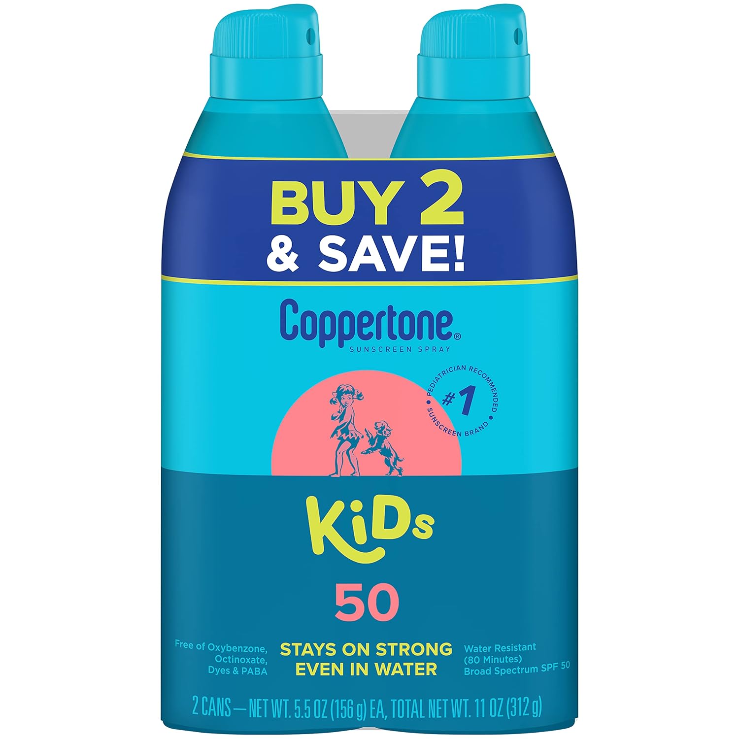 Coppertone Sunscreen Spray SPF 50, Broad Spectrum, Water Resistant for Kids, #1 Pediatrician Recommended Brand, 5.5 Ounce (Pack of 2) Coppertone Sunscreen Spray SPF 50, Broad Spectrum, Water Resistant for Kids, #1 Pediatrician Recommended Brand, 5.5 Ounce (Pack of 2)