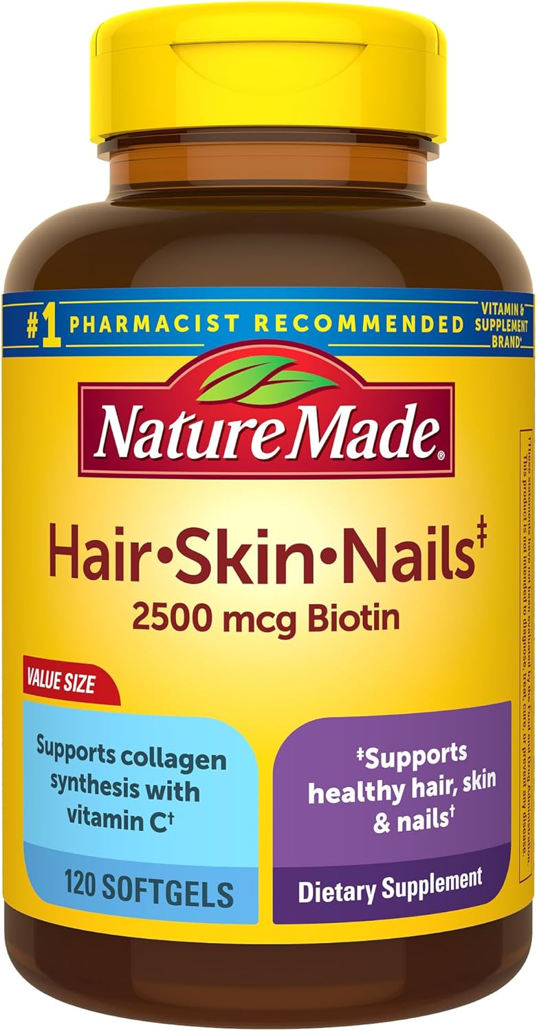Nature Made Hair Skin and Nails with Biotin 2500 mcg, Dietary Supplement For Healthy Hair Skin and Nails Support, 120 Softgels, 120 Day Supply Nature Made Hair Skin and Nails with Biotin 2500 mcg, Dietary Supplement For Healthy Hair Skin and Nails Support, 120 Softgels, 120 Day Supply