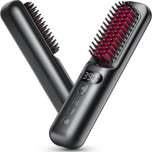 Cordless Hair Straightener, 10000 mAh Portable Ion Straightening Comb, Rechargeable Travel Styling Tool, Black (Black)
