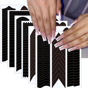 French Tip Tool Nail Guides Self-Adhesive French V-Shaped Moon Shaped Manicure Strips Stickers Edge Auxiliary French Nail Sticker Black DIY Nail Stencil Tools for Women Manicure Decoration 6 Sheets