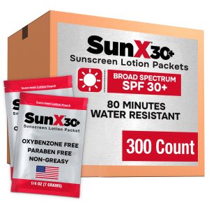 Sun X 30+ SPF Individual Sunscreen Packets Travel Size – Pack of 300 Paraben, Oxybenzone, & White Cast Free Broad Spectrum SPF Sunscreen Packets – Water & Sweat Resistant For Up To 80 Minutes