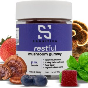 Sensitiva Restful Mushroom Gummies P.M. Formula – Reishi & Turkey Tail Mushroom Supplement Gummies, Mushroom Gummies for Sleep, Relaxation & Stress Relief (Mixed Berry P.M. Formula)
