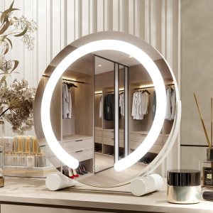 PRIMETEK Vanity Mirror with Lights, 13 inch LED Lighted Makeup Mirror, Round Makeup Mirror with Lights, Touch Screen, 3-Color Lighting, 5X Magnification, for Vanity Desk Tabletop, Bedroom, White