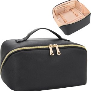 Relavel Travel Makeup Bag Cosmetic Bags Organizer Case Large Capacity for Women and Girls, Open Flat Waterproof Toiletry Bag Cute Pouch with Handle & Brush Compartment (Black) (Black)