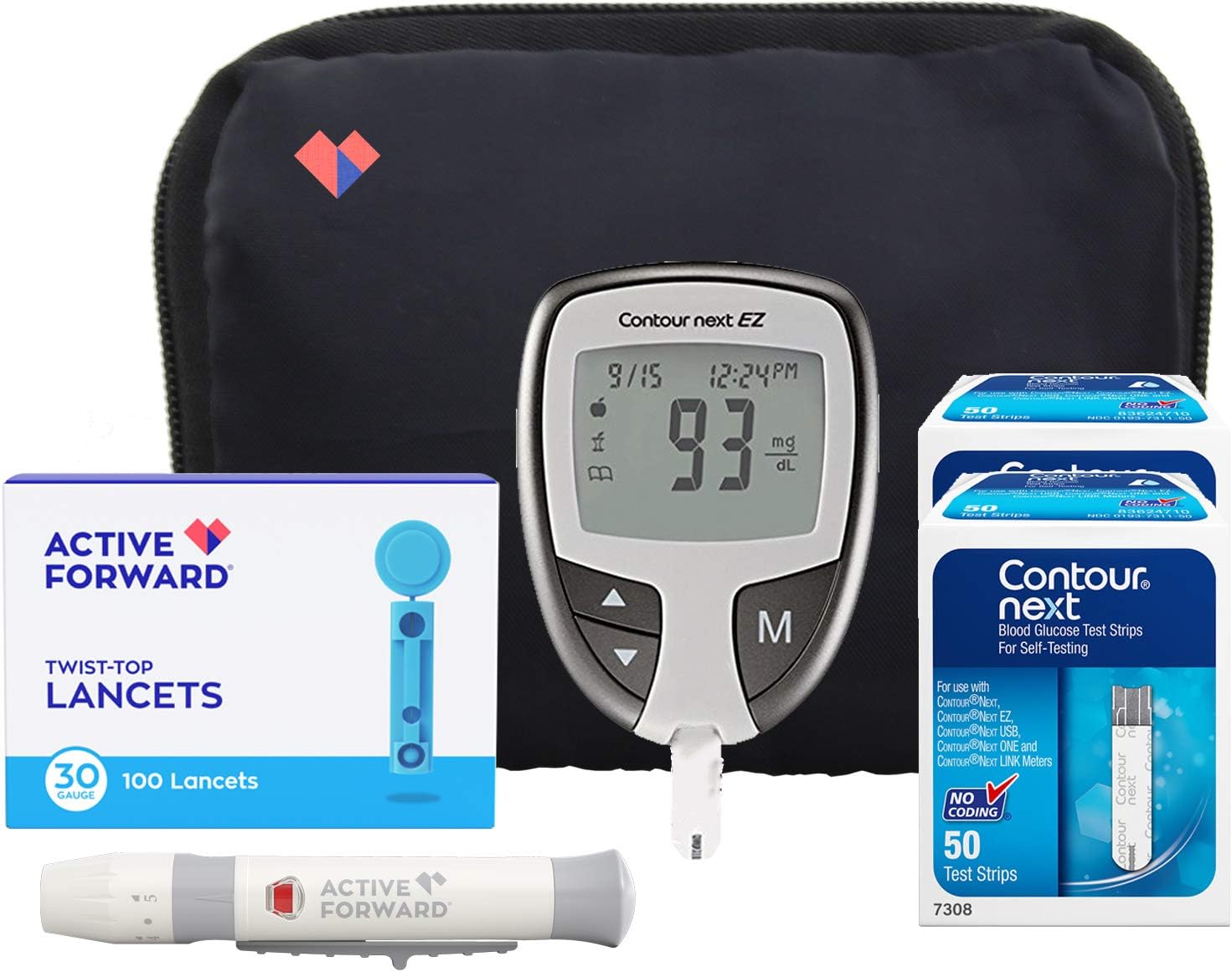 Contour Next EZ Diabetes Testing Kit, Contour Next EZ Blood Glucose Meter, 100 Contour Next Blood Glucose Test Strips, 100 Lancets, Lancing Device, Log Book and Carry Case Contour Next EZ Diabetes Testing Kit, Contour Next EZ Blood Glucose Meter, 100 Contour Next Blood Glucose Test Strips, 100 Lancets, Lancing Device, Log Book and Carry Case