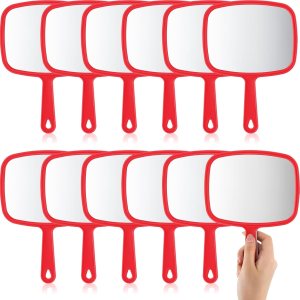 12 Pcs Hand Mirror Handheld Cosmetic Mirror with Handle Makeup Mirror Wall Mount for Bathroom Home Barber Salon Travel Portable Beauty School Gift for Women Student 6.69 x 9.45 Inch (Red)