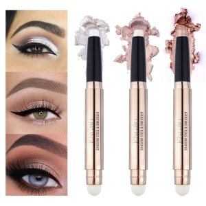 3 PCS Eye-Shadow Stick Makeup Cosmetics Eye Brightener Stick, Waterproof Rotatable Cream Eye Shadow Pencil Crayon, Glitter Shimmer Eyeshadow Stick with Sponge Brush for Eye Makeup (01#02#03#)