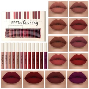 12PCS Matte Liquid Lipstick Set Non-Stick Cup and Not Fade Pigmented Lipstick Long-Lasting Waterproof Velvet Lipgloss Kit Makeup Gift for Girls and Women (Set 01)