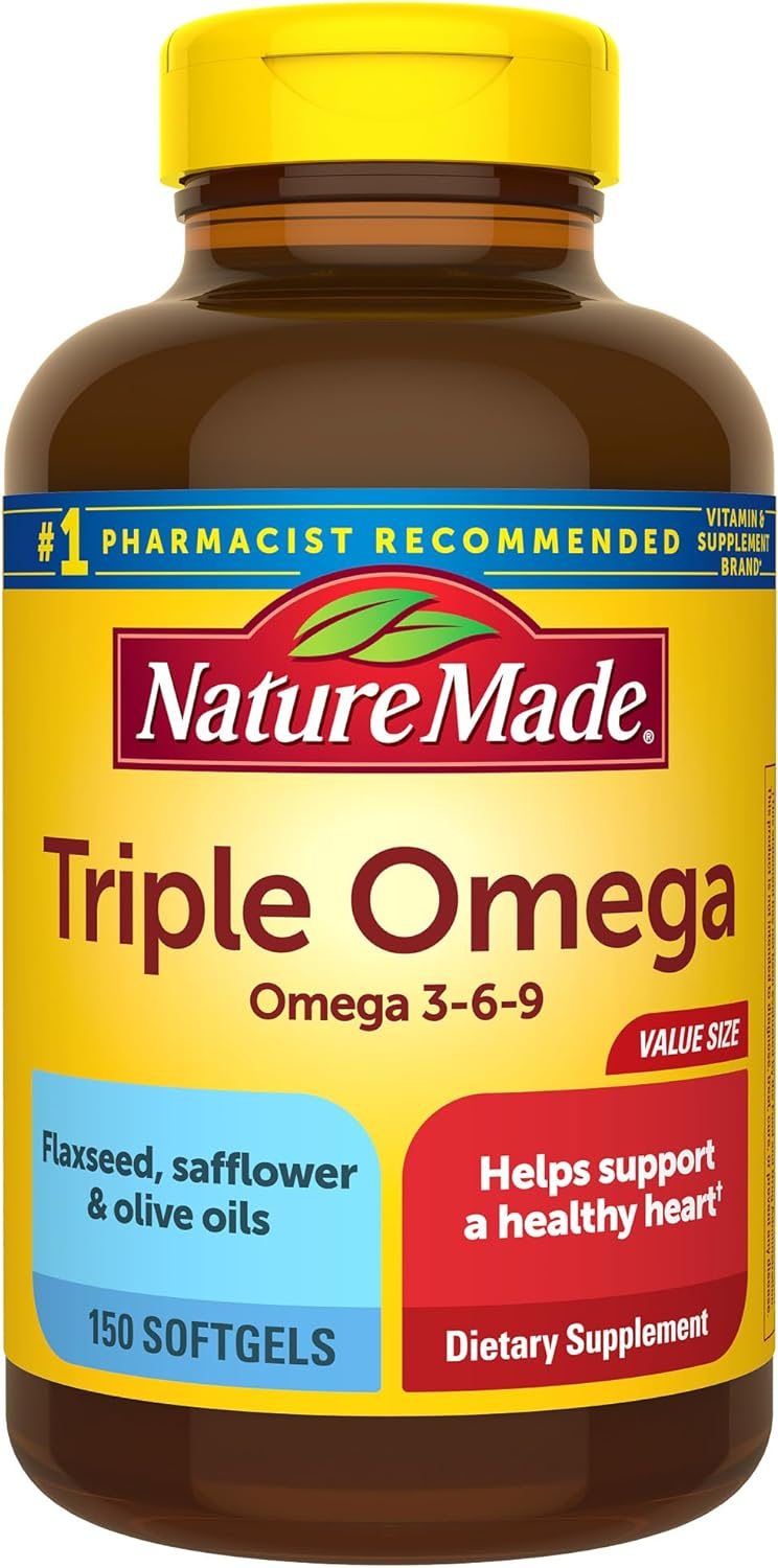 Nature Made Triple Omega 3 6 9, Flaxseed, Safflower, & Olive Oils, Healthy Heart Support, Fish Free Omega 3 Supplement, 150 Softgels, 75 Day Supply Nature Made Triple Omega 3 6 9, Flaxseed, Safflower, & Olive Oils, Healthy Heart Support, Fish Free Omega 3 Supplement, 150 Softgels, 75 Day Supply