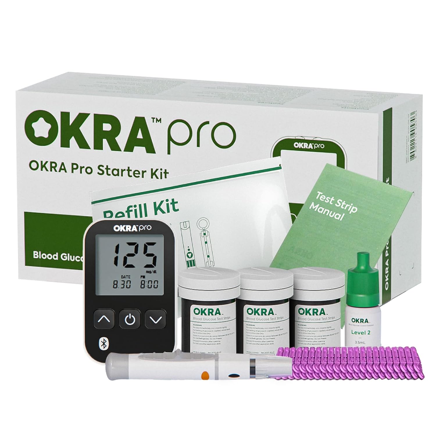 OKRA PRO Glucose Monitor Kit | Includes Refill Kit for 100 Tests OKRA PRO Glucose Monitor Kit | Includes Refill Kit for 100 Tests