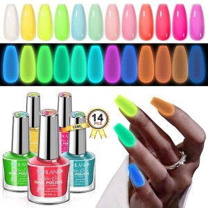 SAVILAND Glows in the Dark Nail Polish Set: 12 Colors Luminous Neon Vegan Nail Polish Kit with Base-Top Coat, Glow Effect Regular Nail Polish Quick Dry for Finger Toe Salon Home DIY Nail Art Beginner