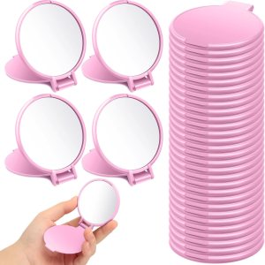24 Pieces Mini Compact Mirror Bulk Round Portable Makeup Mirror Folding Pocket Mirror for Homeless Women Girls Daily Use, 2.8 x 2.4 Inch (Pink)